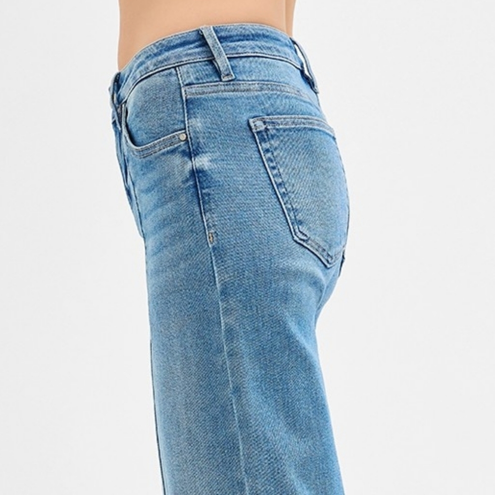 RISEN Mid-Rise Tummy Control Pintuck Seam Wide Leg Pants Slit Hem Denim Jeans - Picture 7 of 16
